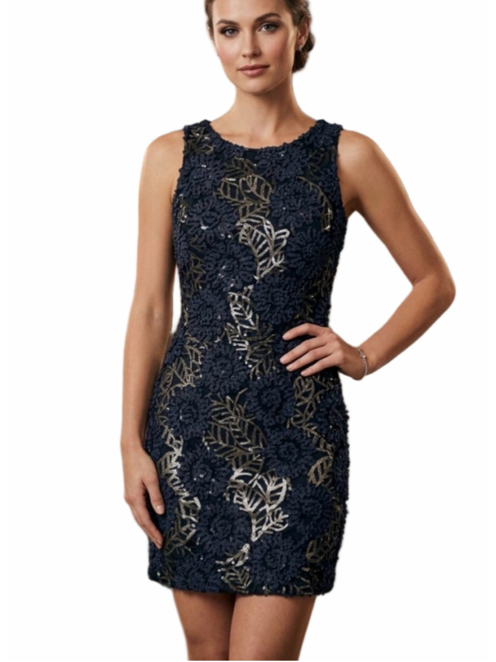 Black Sequin Floral Lace Sleeveless Sheath Mini Cocktail Dress Size S. 1983